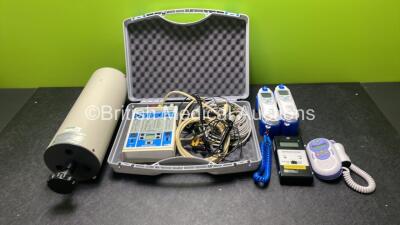 Mixed Lot Including 1 x Dynatech Nevada 214A Patient Simulator with Accessories in Case, 1 x SensorMedics 3 Litre Calibrated Syringe-D, 1 x Sonicaid One Doppler, 1 x RS Wristband Checker and 2 x Covidien Genius 3 Thermometers *1648 / 6629*