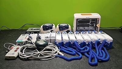 Mixed Lot Including 1 x Philips SureSign VM4 Patient Monitor (Powers Up), 2 x ResMed AutoSet Spirit II CPAP Units (Both Power Up), 8 x Covidien Genius 3 Tympanic Thermometer and Base, 2 x Welch Allyn Braun ThermoScan Ear Thermometers, 2 x Infrared Thermom