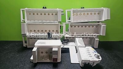 Job Lot Including 6 x Philips Module Racks Ref 862461, 1 x Philips Module Rack Ref 865243 with 1 x Press M1006B T Module and 1 x Philips Bedside Monitor Remote Keypads Ref M8026-60002 (Damaged Casing - See Photo)