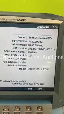 SonoSite MicroMaxx Portable Ultrasound Scanner Ref P08840-20 *S/N WK05CQ* **Mfd 08/2010** Boot Version 30.80.306.024 ARM Version 30.80.306.030 with 2 x Transducers / Probes (C60e/5-2 MHz Ref P07633-70 *Mfd 06/2015* and ICT/8-5 MHz Ref P04538-17A *Mfd 03/2 - 13