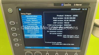 SonoSite S-Nerve Ultrasound Scanner Ref P09417-57 *S/N 03TTKX* **Mfd 07/2013** Boot Version 52.80.106.006 ARM Version 52.80.106.006 on Stand (Powers Up - Error When Probe Inserted) - 2