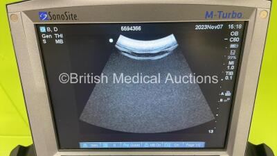 SonoSite M-Turbo Portable Ultrasound Scanner Ref P07690-22 *S/N WK2776* **Mfd 02/2014** Boot Version 51.80.108.010 Arm Version 51.80.108.015 with 2 x Transducer / Probes (ICTx/8-5 MHz Ref P07690-71 *Mfd 2018* and C60x/5-2 MHz Ref P07680-30 *Mfd2014-06*) o - 5