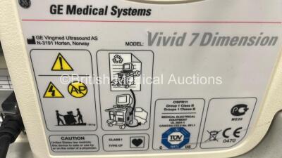 GE Vivid 7 Dimension Flat Screen Ultrasound Scanner *S/N 10073V7L* **Mfd 03/2008** with 2 x Transducer / Probes (3V Ref 2403680 *Mfd 02/2007*/ M4S Ref 5129041 *Mfd 02/2011*) (Powers Up) ***IR397*** - 8