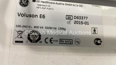 GE Voluson E6 Flat Screen Ultrasound Scanner *S/N D63377* **Mfd 01/2015** Software Version EC250 (14.0.6.1639) with 3 x Transducers / Probe (RAB4-8-D Ref H4651MP *Mfd 11/2013* / RAB6-D Ref H48681MG *Mfd 11/2012* / RIC5-9-D Ref H48651MS *Mfd 08/2016*) and - 11