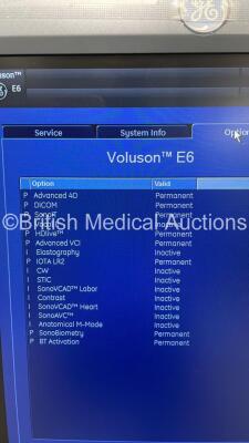 GE Voluson E6 Flat Screen Ultrasound Scanner *S/N D63377* **Mfd 01/2015** Software Version EC250 (14.0.6.1639) with 3 x Transducers / Probe (RAB4-8-D Ref H4651MP *Mfd 11/2013* / RAB6-D Ref H48681MG *Mfd 11/2012* / RIC5-9-D Ref H48651MS *Mfd 08/2016*) and - 19