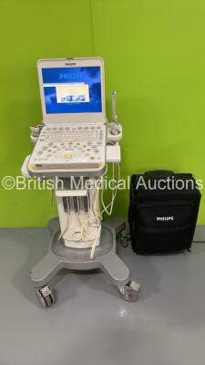 Philips CX50 Flat Screen Ultrasound Scanner Ref 989605384711 *S/N SG11304165* **Mfd 2013** SVC HW B.0 Software Version 3.1.2 with 3 x Transducers / Probes (L12-3 / C5-1 and C10-3v) on Philips CX Cart with Carry Case (Powers up)