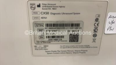 Philips CX50 Flat Screen Ultrasound Scanner Ref 989605384711 *S/N SG91400124* **Mfd 2014** SVC HW C.0 Software Version 4.0.2 with 3 x Transducers / Probes (C10-3v / L12-3 and C5-1) on Philips CX Cart with Carry Case (Powers Up) - 15