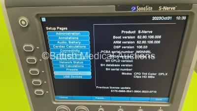 SonoSite S-Nerve Ultrasound Scanner Ref P09417-57 *S/N 03VHV8* **Mfd 05/2013** Boot Version 52.80.106.006 Arm Version 52.80.106.006 on Stand (Powers Up) - 2