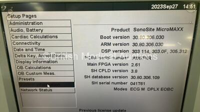 SonoSite M-Turbo Portable Ultrasound Scanner Ref P08840-20 *S/N WK04H4* **Mfd 05/2010** Boot Version Arm Version with 2 x Transducers / Probes (ICT/8-5 MHz Ref P04538-16A *Mfd 12/2012* and C60e/5-2 MHz Ref P07633-70 *Mfd 08/2015*) and Sony UP-897MD Video - 8