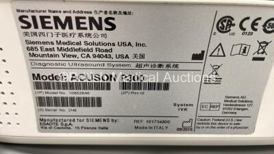 Siemens Acuson P300 Flat Screen Portable Ultrasound Scanner Model No 10852646 *S/N 2149* **Mfd 09/2015** Software Rev 1.01 STD 13.21 with 2 x Transducers / Probes (CA431 and LA435 - Both Head Damage - See Photos) on Stand (Powers Up) ***IR393*** - 6