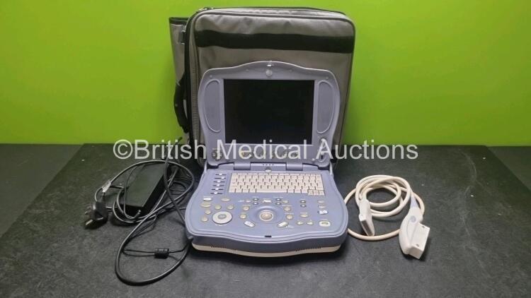 GE Logiq Book XP Portable Ultrasound Scanner Ref 5197791 *SN 7169QWX2* **HDD Removed** (Unable to Test Due to Damaged Power Supply) with GE 8L-RS Ultrasound Transducer / Probe (Untested)