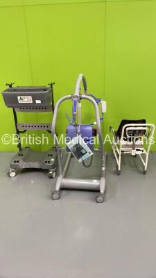 1 x Arjo Maxi-Twin Electric Patient Hoist with Battery and Controller (Powers Up), 1 x Marsden Wheelchair Weighing Scales and 1 x Anetic Aid Accessories Trolley