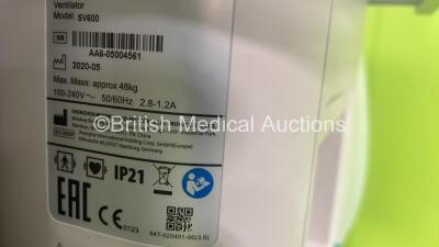Mindray SV600 Ventilator on Trolley with Hoses *Mfd 2020* Software Version na - Operation Hours 1500 - Ventilation Hours 579 (Powers Up) *AA6-05004561* - 6