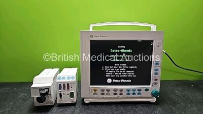 GE Datex Ohmeda Type F-CM1-05 Patient Monitor (Powers Up) 1 x GE E- CAiO-00 Gas Module with D-fend Water Trap and 1 x GE Type E-PRESTN-00 Module with ECG, SpO2, T1, T2, P1, P2 and NIBP Options