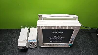 GE Datex Ohmeda Type F-CM1-05 Patient Monitor (Powers Up) 1 x GE E- CAiO-00 Gas Module with D-fend Water Trap and 1 x GE Type E-PRESTN-00 Module with ECG, SpO2, T1, T2, P1, P2 and NIBP Options - 2