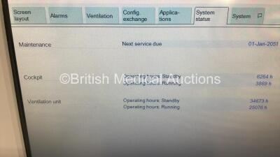 Drager Evita Infinity V500 Acute Care System Software Version V500 02.51 (Build 7320) Cockpit Running Hours 3869 - Ventilation Unit Running Hours 25076 with Hoses (Powers Up) *S/N ASEC0032* - 4