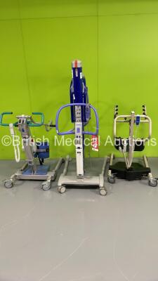 1 x Invacare Reliant 350 Electric Patient Hoist with Controller (Unable to Power Test Due to No Battery), 1 x Arjo Sara 3000 Electric Patient Hoist with Battery and Controller (Powers Up) and 1 x Arjo MaxiMove Electric Patient Hoist with Battery and Contr