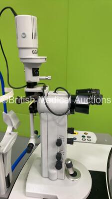 Haag Streit Bern BQ900 Slit Lamp on with Binoculars, 2 x 12,5x Eyepieces, Chin Rest on Meridian Microruptor V Motorized Table - Missing Laser Stop Button (Powers Up with Good Bulb) *S/N QS 0505316* - 7