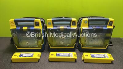 3 x Cardiac Science Powerheart AED G3 Automated External Defibrillators with 3 x Batteries and 3 x Electrode Packs (All Expired) in Carry Cases (All Power Up)