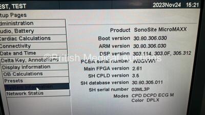 SonoSite MicroMaxx Portable Ultrasound Scanner Ref P08840-22 *S/N WK0MWV* **Mfd 08/2011** Boot Version 30.80.306.030 ARM Version 30.80.306.030 with 1 x Transducer / Probe HFL38/13-6 Ref P07632-15 *Mfd 2011-07* on SonoSite H-Universal Stand (Powers Up) - 5