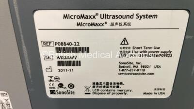 SonoSite MicroMaxx Portable Ultrasound Scanner Ref P08840-22 *S/N WK0MWV* **Mfd 08/2011** Boot Version 30.80.306.030 ARM Version 30.80.306.030 with 1 x Transducer / Probe HFL38/13-6 Ref P07632-15 *Mfd 2011-07* on SonoSite H-Universal Stand (Powers Up) - 7