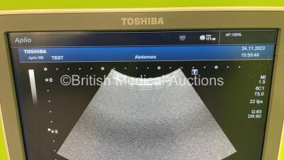 Toshiba Aplio 500 TUS-A500 Flat Screen Ultrasound Scanner *S/N T1E1323875* **Mfd 02/2013** Software Version AB_V3.00*R002 with 4 x Transducers / Probes (PVT-375BT *Mfd 09/2012* / PLT-1204BT *Mfd 02/2013* / PVT-674BT *Mfd 02/2011* and PVT-781VT * Mfd 02/20 - 10