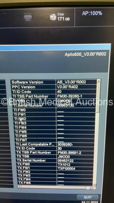 Toshiba Aplio 500 TUS-A500 Flat Screen Ultrasound Scanner *S/N T1E1323875* **Mfd 02/2013** Software Version AB_V3.00*R002 with 4 x Transducers / Probes (PVT-375BT *Mfd 09/2012* / PLT-1204BT *Mfd 02/2013* / PVT-674BT *Mfd 02/2011* and PVT-781VT * Mfd 02/20 - 20