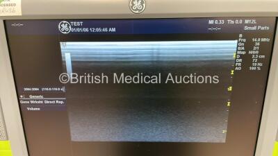 GE Logiq 9 Ultrasound Scanner Model 5177000-2 *S/N 93474US5* **Mfd 04/2008** Software Version R7.0.5 with 5 x Transducers / Probes ( i12L Ref 2264882 *Mfd 01/2008* / M12L Ref 2294512 *Mfd 12/2006* Cable Damaged - See Photo / 4C Ref 24013659 *Mfd 04/2011* - 10