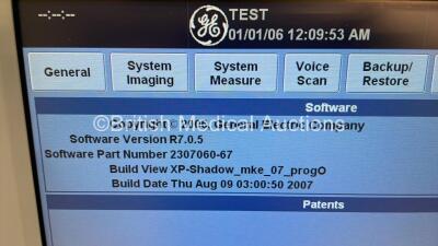 GE Logiq 9 Ultrasound Scanner Model 5177000-2 *S/N 93474US5* **Mfd 04/2008** Software Version R7.0.5 with 5 x Transducers / Probes ( i12L Ref 2264882 *Mfd 01/2008* / M12L Ref 2294512 *Mfd 12/2006* Cable Damaged - See Photo / 4C Ref 24013659 *Mfd 04/2011* - 20