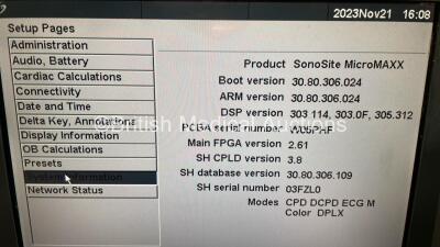 SonoSite MicroMaxx Portable Ultrasound Scanner Ref P08840-20 *S/N WK03TV* **Mfd 06/2010** Boot Version 30.80.306.024 / ARM Version 30.80.306.024 with 2 x Transducers / Probes (HLF38/13-6MHz Ref P0597-10 *Mfd 08/2005* and C60e/5-2 MHz Ref P07633-21 *Mfd 06 - 7