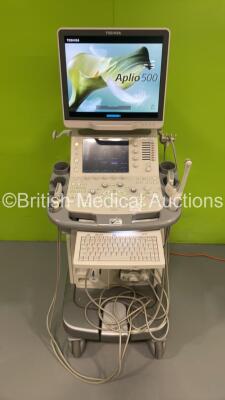 Toshiba Aplio 500 TUS-A500 Flat Screen Ultrasound Scanner *S/N T1E1323852* **Mfd 02/2013** Software Version AB_V3.00*R512 with 5 x Transducers / Probes (PVT-375bt *Mfd 01/2020* / PLT-704SBT *Mfd 01/2016* / PVT-661VT *Mfd 05/2011* / PLT-1202S *Mfd 01/2013*