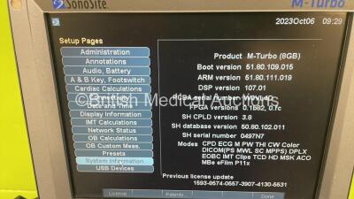 SonoSite M-Turbo Portable Ultrasound Scanner Ref P08189-84 *S/N WK2DVV* **Mfd 2014** Boot Version 51.80.109.015 - ARM Version 51.80.111.019 with 2 x Transducers / Probes (C60xi/5-2 MHz Ref P20402-10A *Mfd 2017* and ICTx/8-5 MHz Ref P07690-71 *Mfd 2017*) a - 7