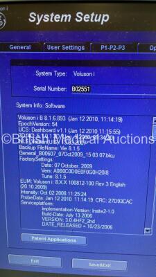 GE Voluson i Portable Ultrasound Scanner *S/N B02551* **Mfd 03/2010** Software Version 8.1.36.893 with 1 x Transducer / Probe (E8C-RS Ref 5318734 *Mfd 06/2010* - Mark to Head - See Photo) Sony UP-D897 Digital Graphic Printer and Sony DVO-100MD DVD Recorde - 6