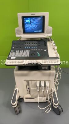 Philips ATL HDI 5000 SonoCT Ultrasound Scanner *S/N 0175M9* **Mfd 04/2001** with 3 x Transducers / Probes (L12-5 / L7-4 and C5-2) and Mitsubishi CP700 Printer (Powers Up - HDD REMOVED)