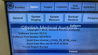 GE Logiq P5 Flat Screen Ultrasound Scanner Model No 5268207 Software Version R2.0.6 *S/N 99414SU5* **Mfd 11/2008** (Powers Up) - 5