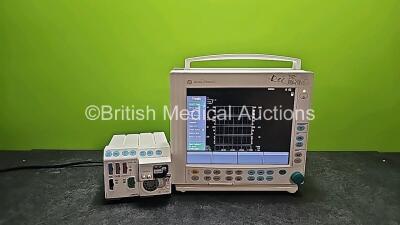 GE Datex Ohmeda Type F-CM1-05 Patient Monitor (Powers Up), 1 x GE E- CAiO-00 Gas Module with D-fend Water Trap and 1 x GE Type E-PRESTN-00 Module with ECG, SpO2, T1, T2, P1, P2 and NIBP Options *SN6698105 / 6488651 / 6497813* *H*