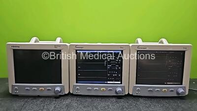 3 x Mindray Datascope Trio Patient Monitors Including ECG, SpO2, T1 and NIBP Options (2 x Power Up, 1 x Powers Up with Blank Screen, 1 x Damaged Handle and 1 x Damaged Button - See Photos)