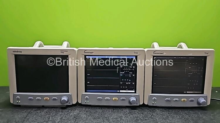 3 x Mindray Datascope Trio Patient Monitors Including ECG, SpO2, T1 and NIBP Options (2 x Power Up, 1 x Powers Up with Blank Screen, 1 x Damaged Handle and 1 x Damaged Button - See Photos)