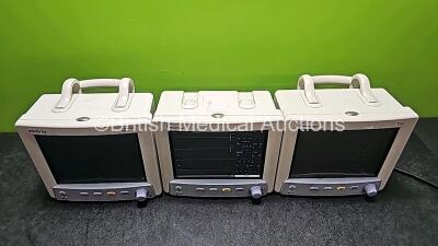 3 x Mindray Datascope Trio Patient Monitors Including ECG, SpO2, T1 and NIBP Options (2 x Power Up, 1 x Powers Up with Blank Screen, 1 x Damaged Handle and 1 x Damaged Button - See Photos) - 2