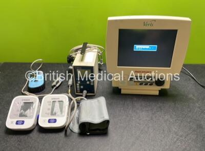 Job Lot Including 1 x Medrad Veris Patient Monitor (Powers Up) 1 x Codman ICP Express Monitor, 2 x Omron M2 BP Monitors and 1 x GE Ohmeda TruSat SpO2 Monitor (Missing Battery Cover - See Photos) *SN LE12049 / 045871 / 20170953757VG / 20160322059VG*