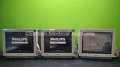 3 x Philips IntelliVue MP70 Patient Monitors (All Power Up,All Cracked Casings and 1 x Missing Dial - See Photos) *SN DE35016541 / DE843B4292 / DE843B4290*