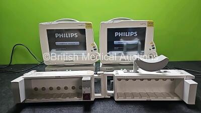 Job Lot Including 2 x Philips IntelliVue MP30 Anesthesia Patient Monitors (Both Power Up and 1 x Missing Battery), 2 x Philips IntelliVue G5 M1019A Gas Modules with 2 x Water Traps (Both Power Up) and 2 x Philips M804A Module Racks with 1 x Agilent M1006B