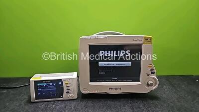 Philips IntelliVue MP30 Anesthesia Patient Monitor (Powers Up and Cracked Casing - See Photos) with 1 x Philips IntelliVue X2 Handheld Patient Monitor Including ECG, SpO2, NBP, Temp and Press Options (Powers Up)