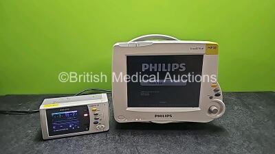 Philips IntelliVue MP30 Patient Monitor (Powers Up and Cracked Casing - See Photos) with 1 x Philips IntelliVue X2 Handheld Patient Monitor Including ECG, SpO2, NBP, Temp and Press Options (Powers Up, Damaged Buttons and Damaged Casing -See Photos)