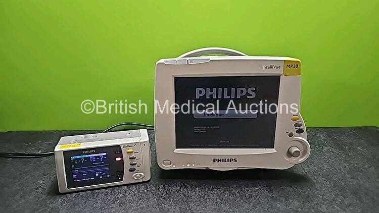 Philips IntelliVue MP30 Patient Monitor (Powers Up and Cracked Casing - See Photos) with 1 x Philips IntelliVue X2 Handheld Patient Monitor Including ECG, SpO2, NBP, Temp and Press Options (Powers Up, Damaged Buttons and Damaged Casing -See Photos)