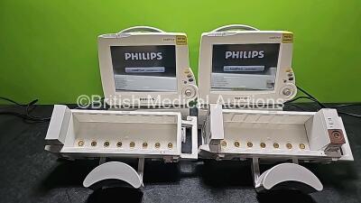 Job Lot Including 2 x Philips IntelliVue MP30 Anesthesia Patient Monitors (Both Power Up and 1 x Missing Battery), 2 x Philips IntelliVue G5 M1019A Gas Modules with 2 x Water Traps (Both Power Up) and 2 x Philips M804A Module Racks with 1 x Philips M1029A