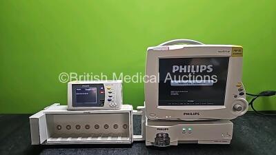 Job Lot Including 1 x Philips IntelliVue MP30 Anesthesia Patient Monitor (Powers Up and 1 x Missing Battery - See Photo) with 1 x Philips IntelliVue X2 Handheld Patient Monitor Including ECG, SpO2, NBP, Temp and Press Options (Powers Up), 1 x Philips Inte