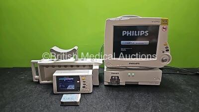 Job Lot Including 1 x Philips IntelliVue MP30 Anesthesia Patient Monitor (Powers Up and 1 x Missing Battery - See Photo) with 1 x Philips IntelliVue X2 Handheld Patient Monitor Including ECG, SpO2, NBP, Temp and Press Options and 1 x Philips M4607A Batter