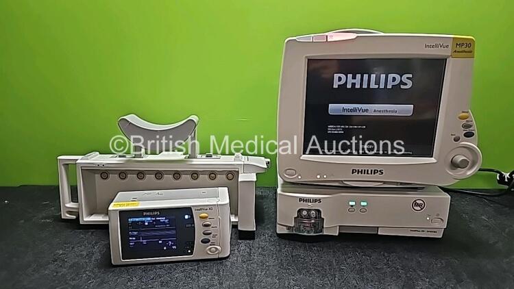 Job Lot Including 1 x Philips IntelliVue MP30 Anesthesia Patient Monitor (Powers Up and 1 x Missing Battery - See Photo) with 1 x Philips IntelliVue X2 Handheld Patient Monitor Including ECG, SpO2, NBP, Temp and Press Options (Powers Up and Damaged Casing