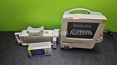 Job Lot Including 1 x Philips IntelliVue MP30 Anesthesia Patient Monitor (Powers Up and 1 x Missing Battery - See Photo) with 1 x Philips IntelliVue X2 Handheld Patient Monitor Including ECG, SpO2, NBP, Temp and Press Options (Powers Up and Damaged Casing - 2